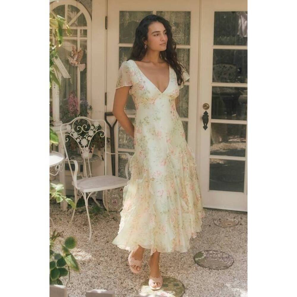 Lulus Deluca Light Green Floral Ruffled Midi Dress - Size M